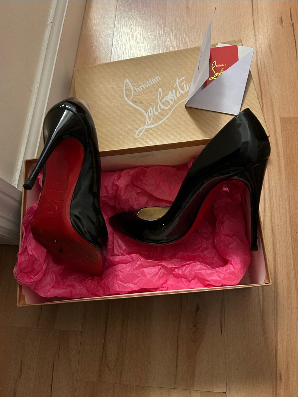Christian Louboutin Black Patent Leather Pointed Pumps with Signature Red Sole